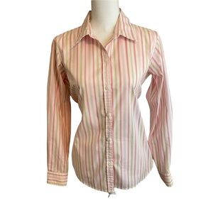 Liz Claiborne White Pink Green Striped Cotton Button Down Long Sleeve Shirt. 8